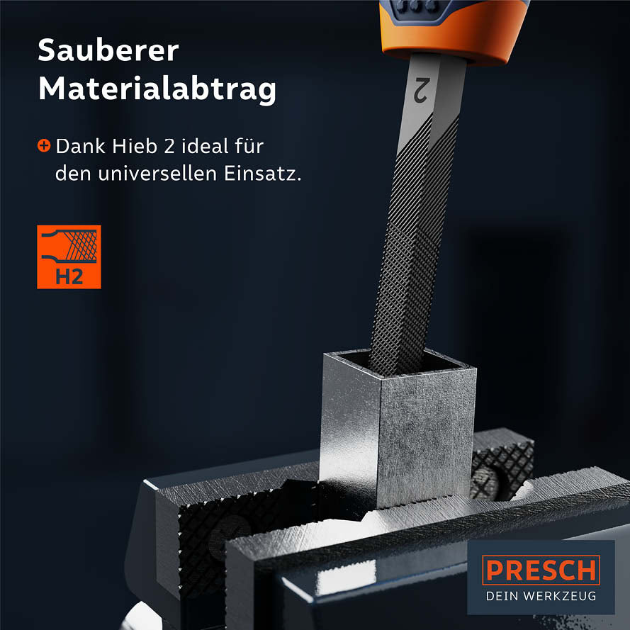 PRESCH Vierkantfeile für präzisen Materialabtrag und Feilenarbeit mit ergonomischem Griff in Nahaufnahme