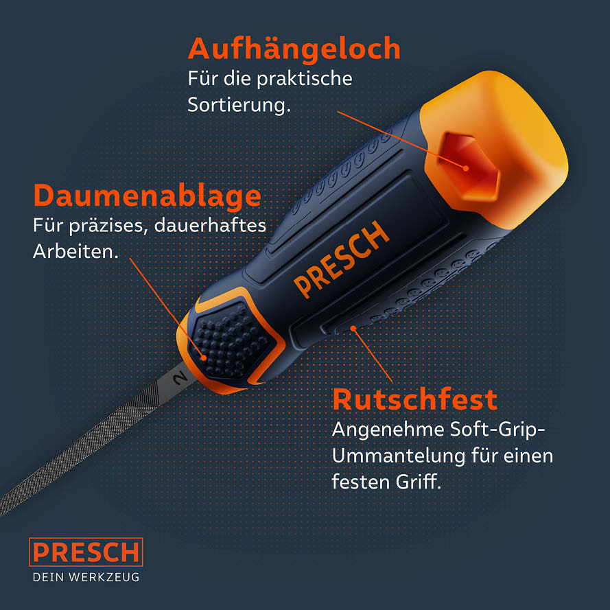 PRESCH Vierkantfeile mit rutschfestem Griff und Daumenablage für präzise Metallbearbeitung.