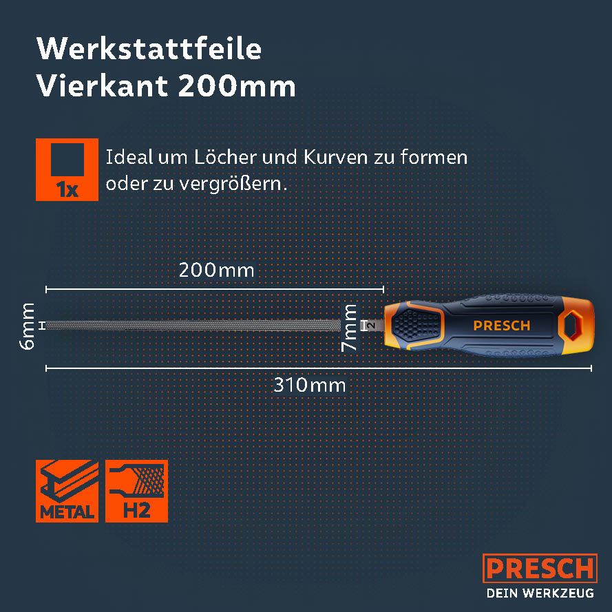 PRESCH Vierkantfeile 200mm ideal für Metallbearbeitung, robuste Feilwerkzeuge, präzises Feilen und Formen