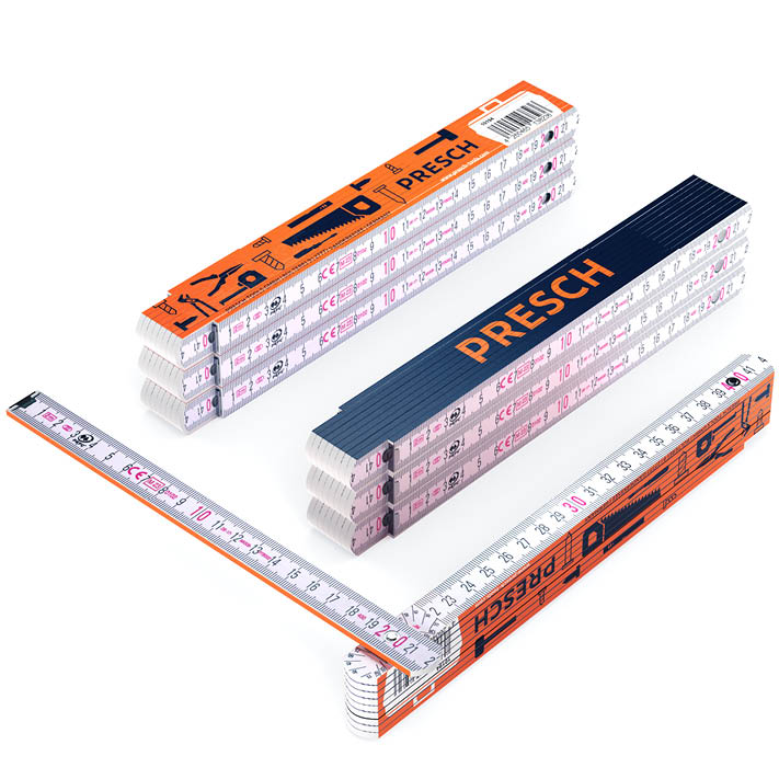 PRESCH Zollstock 2m Set mit verschiedenen Messwerkzeugen und Maßstäben.