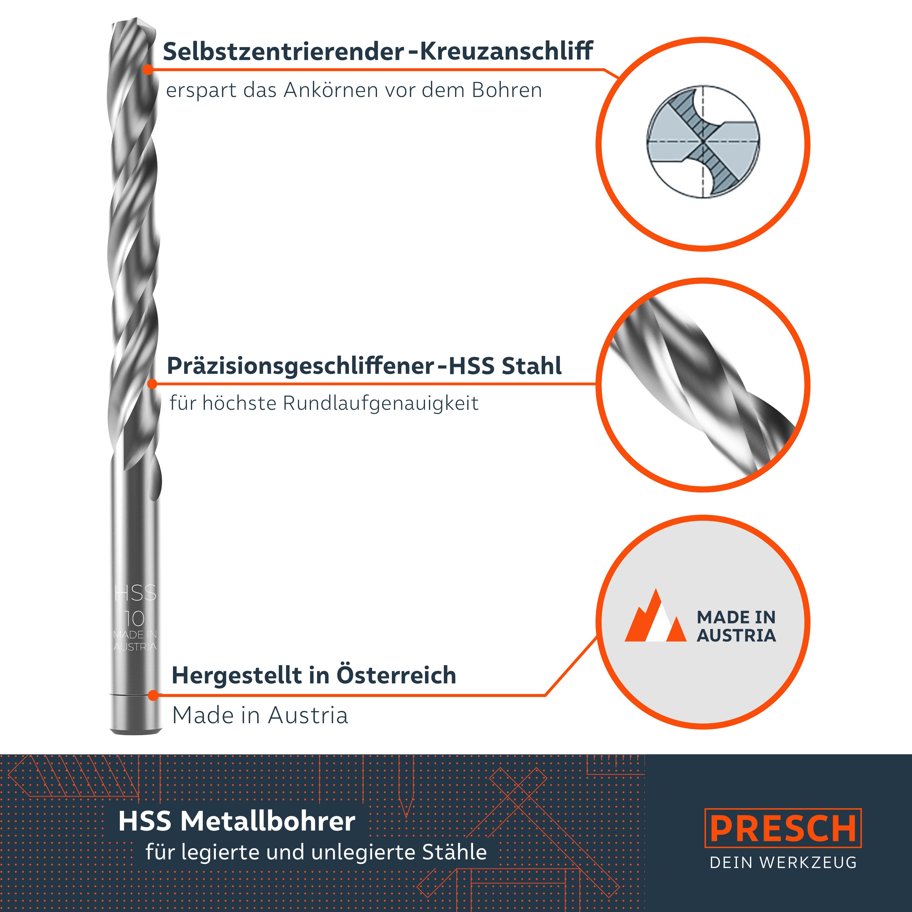 Der Metallbohrer zentriert sich dank Kreuzanschliff selbstständig für präzises Bohren in Stahl.