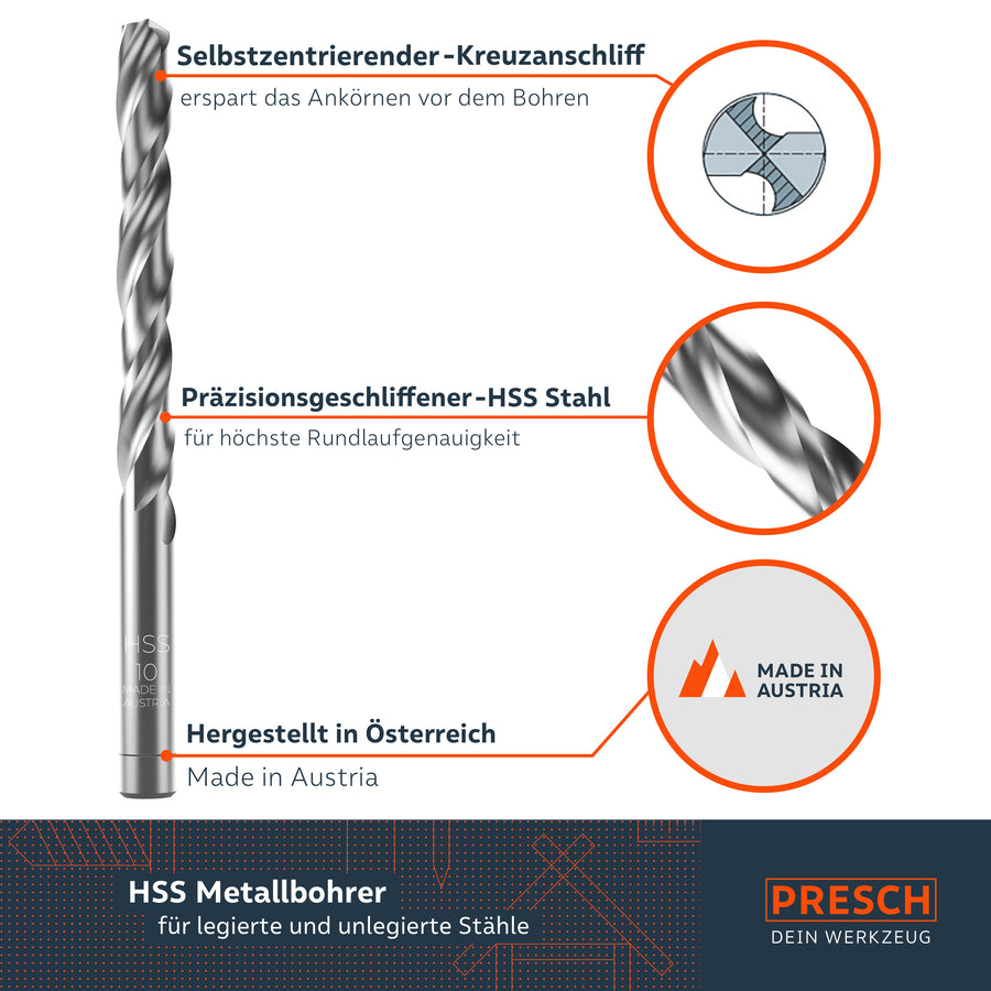 Der Metallbohrer zentriert sich dank Kreuzanschliff selbstständig für präzises Bohren in Stahl.