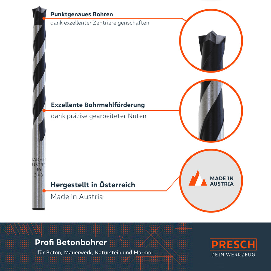Der Betonbohrer zentriert sich präzise und fördert Bohrmehl dank sauber gearbeiteter Nuten.