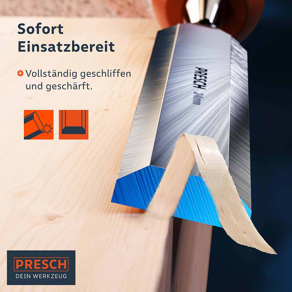 Der Stechbeitel ist vollständig geschliffen und geschärft, sofort einsatzbereit für Holzarbeiten.