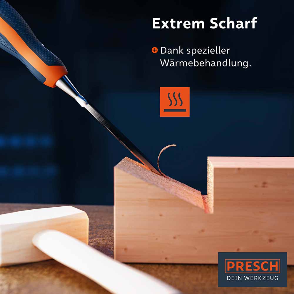 Dank spezieller Wärmebehandlung schneidet der Stechbeitel extrem scharf durch das Holz.