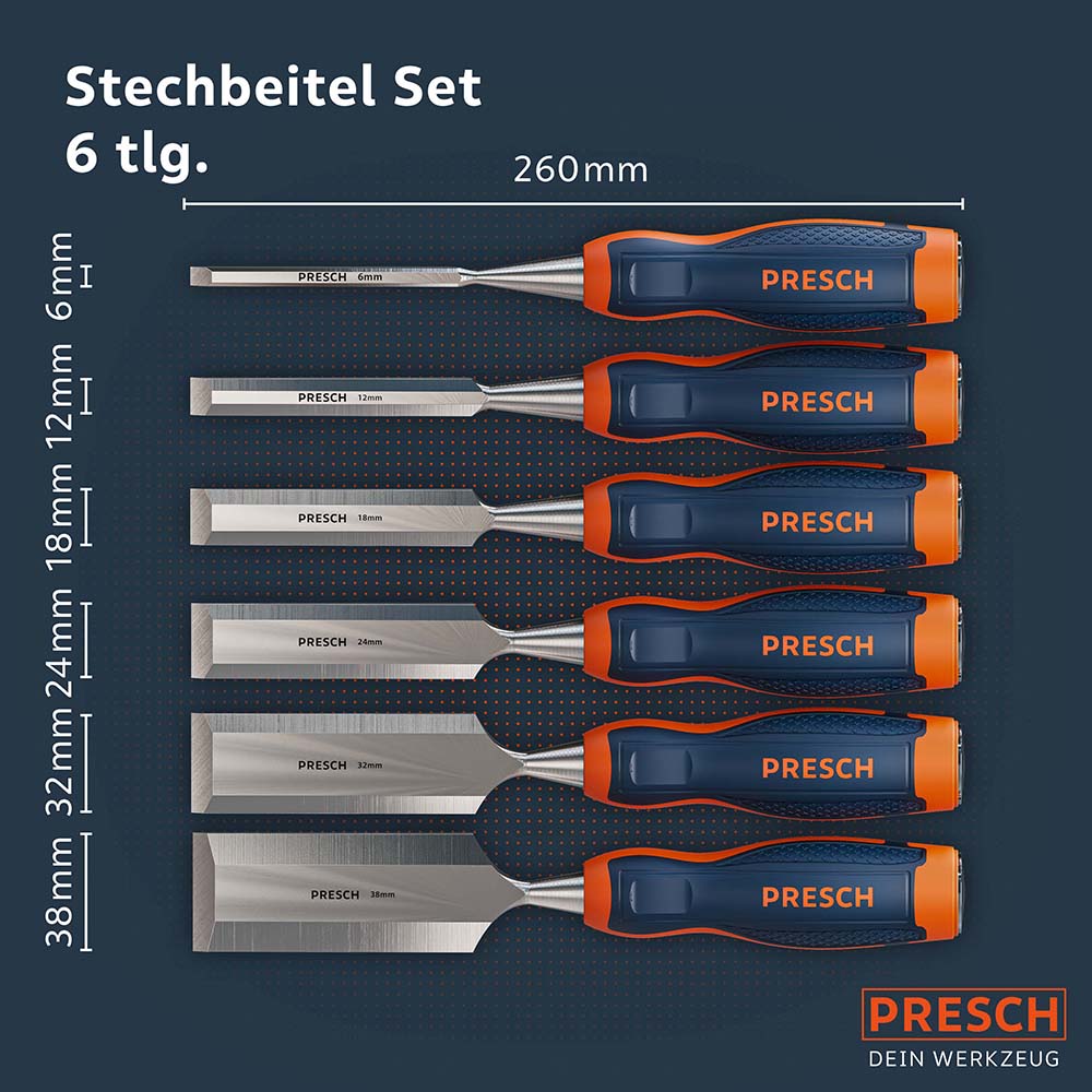 Das Stechbeitel-Set umfasst sechs Klingenbreiten von 6 bis 38 Millimeter bei 260 Millimeter Länge.