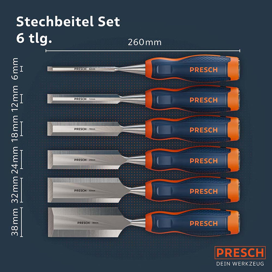 Das Stechbeitel-Set umfasst sechs Klingenbreiten von 6 bis 38 Millimeter bei 260 Millimeter Länge.