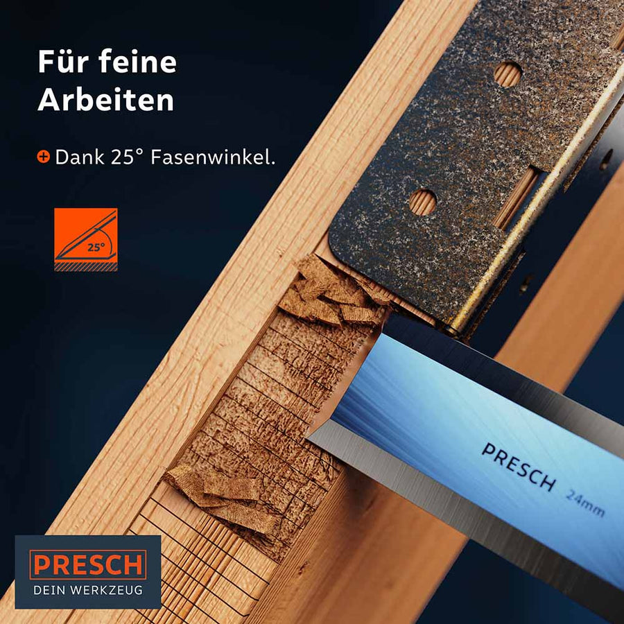 Der 25-Grad-Fasenwinkel des Stechbeitels ermöglicht feine Arbeiten wie das Einlassen von Scharnieren.