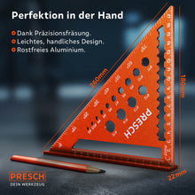 Der Zimmermannswinkel aus rostfreiem Aluminium liegt neben einem Bleistift zum Größenvergleich auf grauem Untergrund.