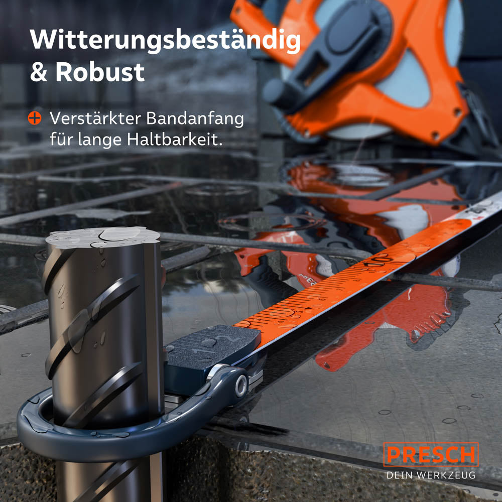 Maximale Haltbarkeit: Das orangefarbene Fiberglasband verfügt über einen verstärkten Bandanfang und hält auch Nässe und Schmutz auf Baustellen mühelos stand.