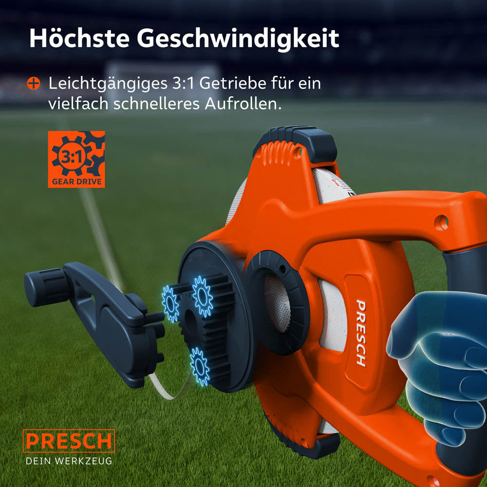 Technische Detailansicht des Gehäuses: Das leichtgängige 3:1 Getriebe (Gear Drive) ermöglicht ein vielfach schnelleres Aufrollen des 50 Meter langen Messbandes.