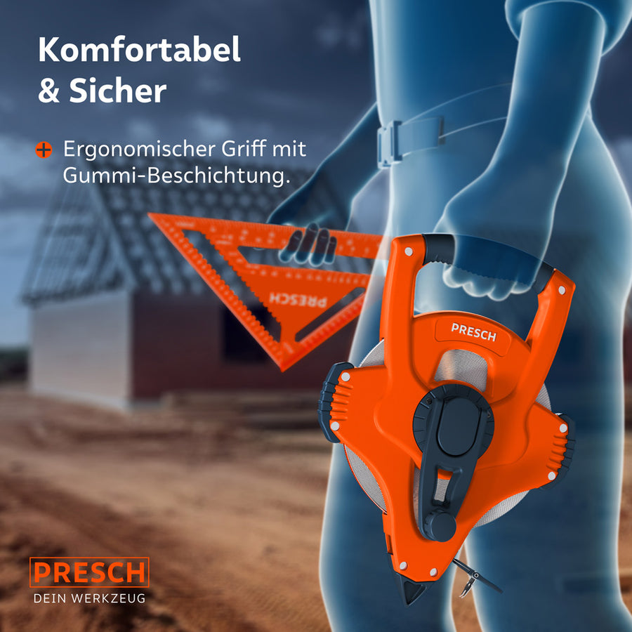 Illustration des 50m Bandmaßes beim Transport: Der ergonomische Griff mit Gummi-Beschichtung sorgt für einen komfortablen und sicheren Halt direkt am Körper während der Arbeit.