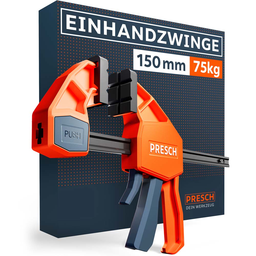 PRESCH Einhandzwinge 150mm mit 75kg Klemmkraft. Robuste orange-schwarze Schnellspannzwinge vor der Produktverpackung, ideal für Einhandbedienung.