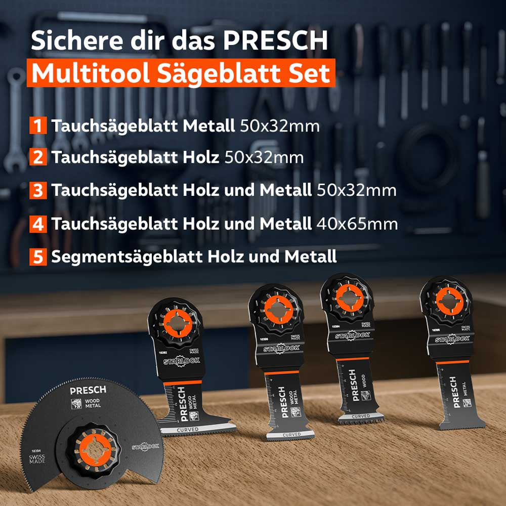 Übersicht zeigt sechs Sägeblätter für Metall, Holz und kombinierte Materialien des Sets