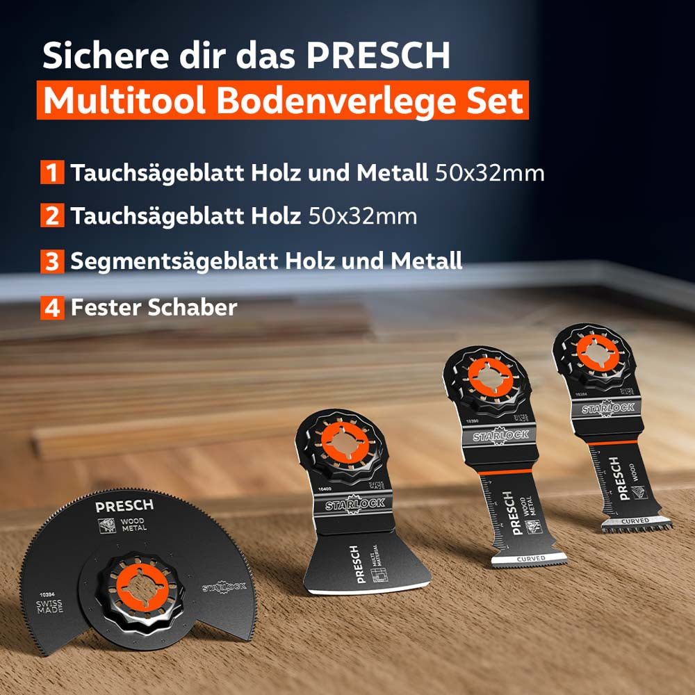 Übersicht zeigt drei Sägeblätter und Schaber des Bodenverlege Sets für Multitools