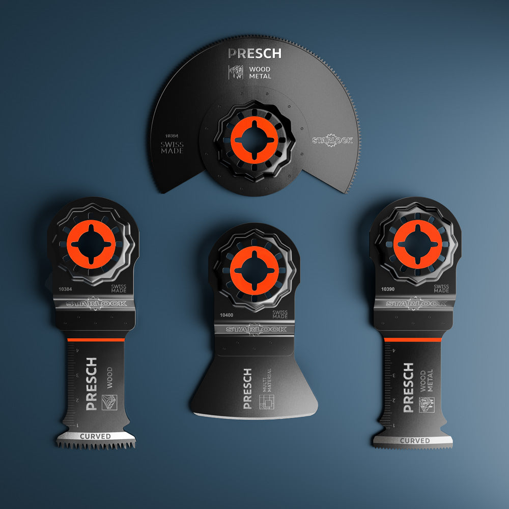 PRESCH Multitool Bodenverlege Set 4-teilig mit Tauchsägeblättern, Segmentsägeblatt und Schaber