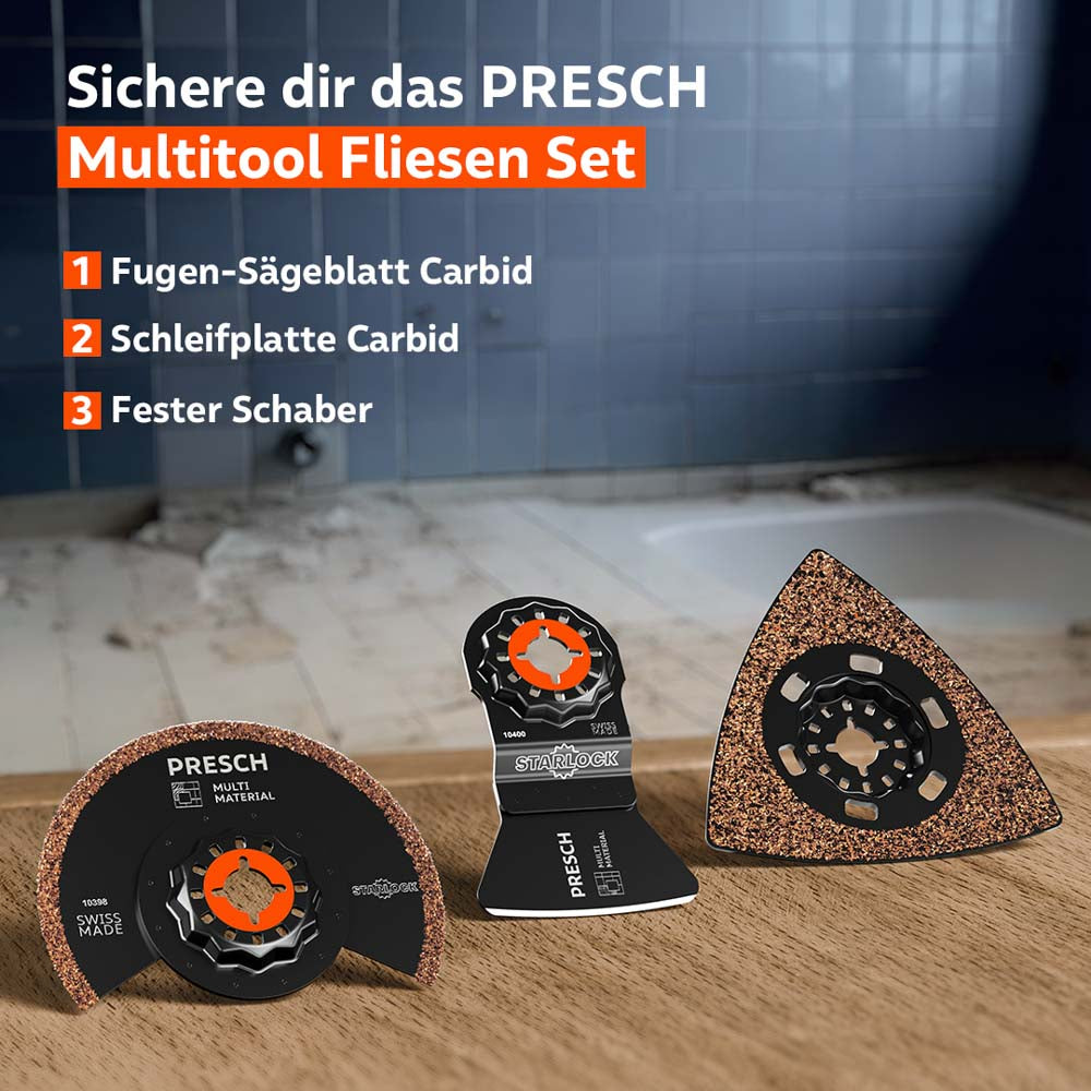 Übersicht zeigt Fugen-Sägeblatt, Schleifplatte und festen Schaber des Fliesen Sets