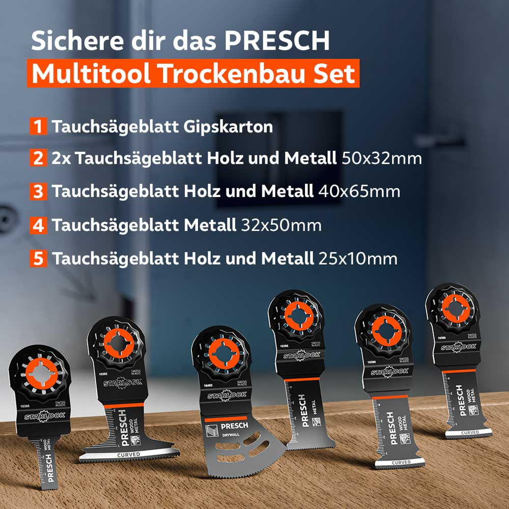 Übersicht zeigt sechs Tauchsägeblätter für Gipskarton, Holz und Metall des Trockenbau Sets