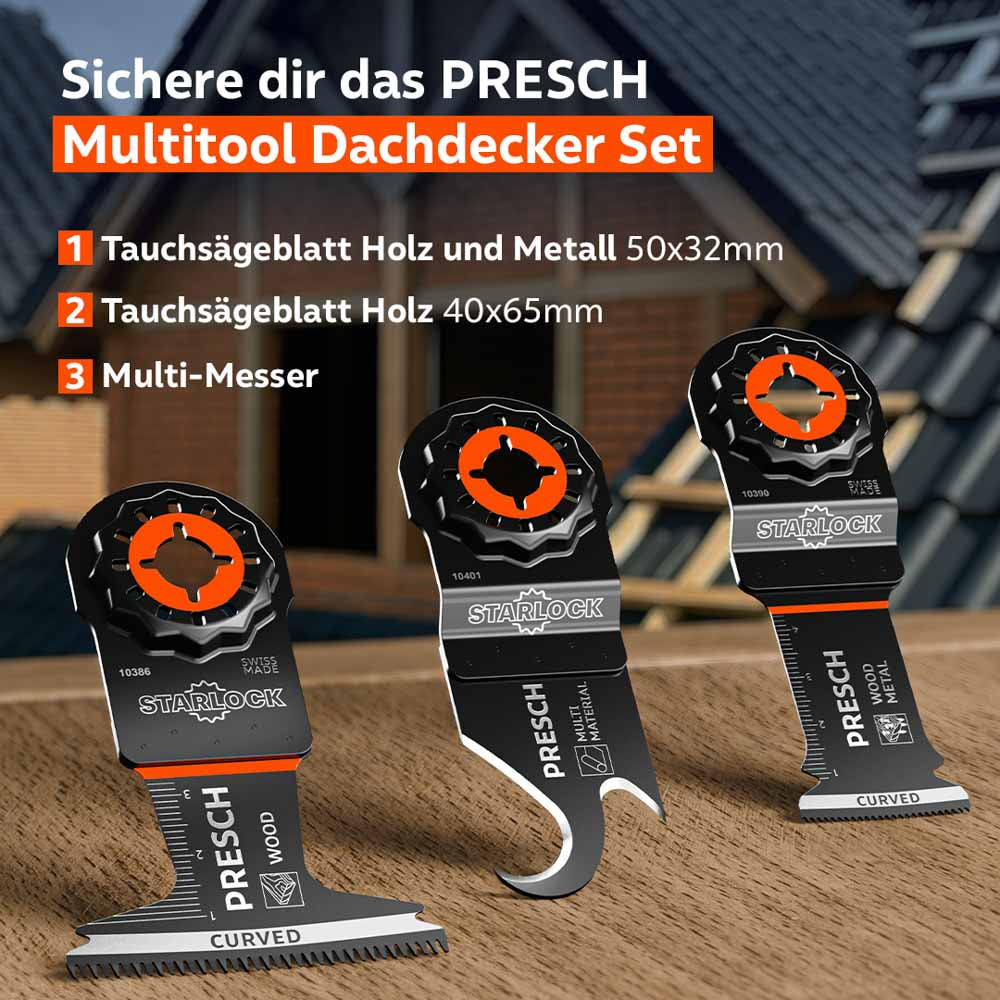 Übersicht zeigt Tauchsägeblätter für Holz und Metall sowie Multi-Messer des Dachdecker Sets