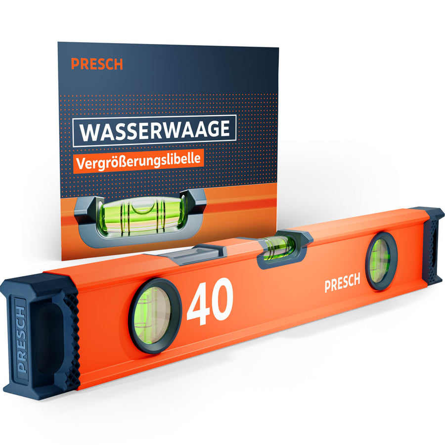 Die PRESCH 40cm Wasserwaage in markantem Orange mit drei Libellen und hochelastischen Endkappen, präsentiert vor der Produktverpackung, die die Vergrößerungslibelle besonders hervorhebt.