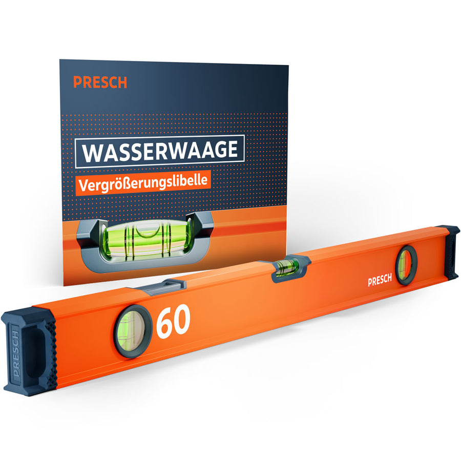 Die PRESCH 60cm Wasserwaage in markantem Orange mit drei Libellen und hochelastischen Endkappen, präsentiert vor der Produktverpackung, die die Vergrößerungslibelle besonders hervorhebt.