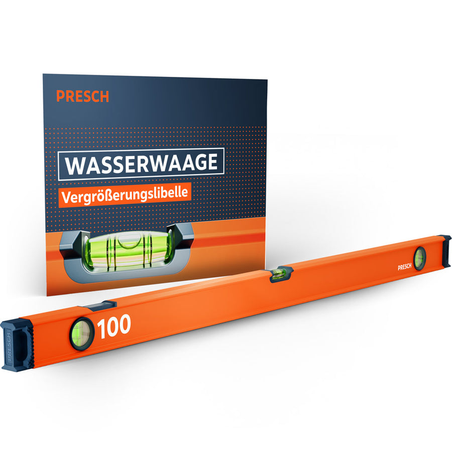 Die PRESCH 100cm Wasserwaage in markantem Orange mit drei Libellen und hochelastischen Endkappen, präsentiert vor der Produktverpackung, die die Vergrößerungslibelle besonders hervorhebt.