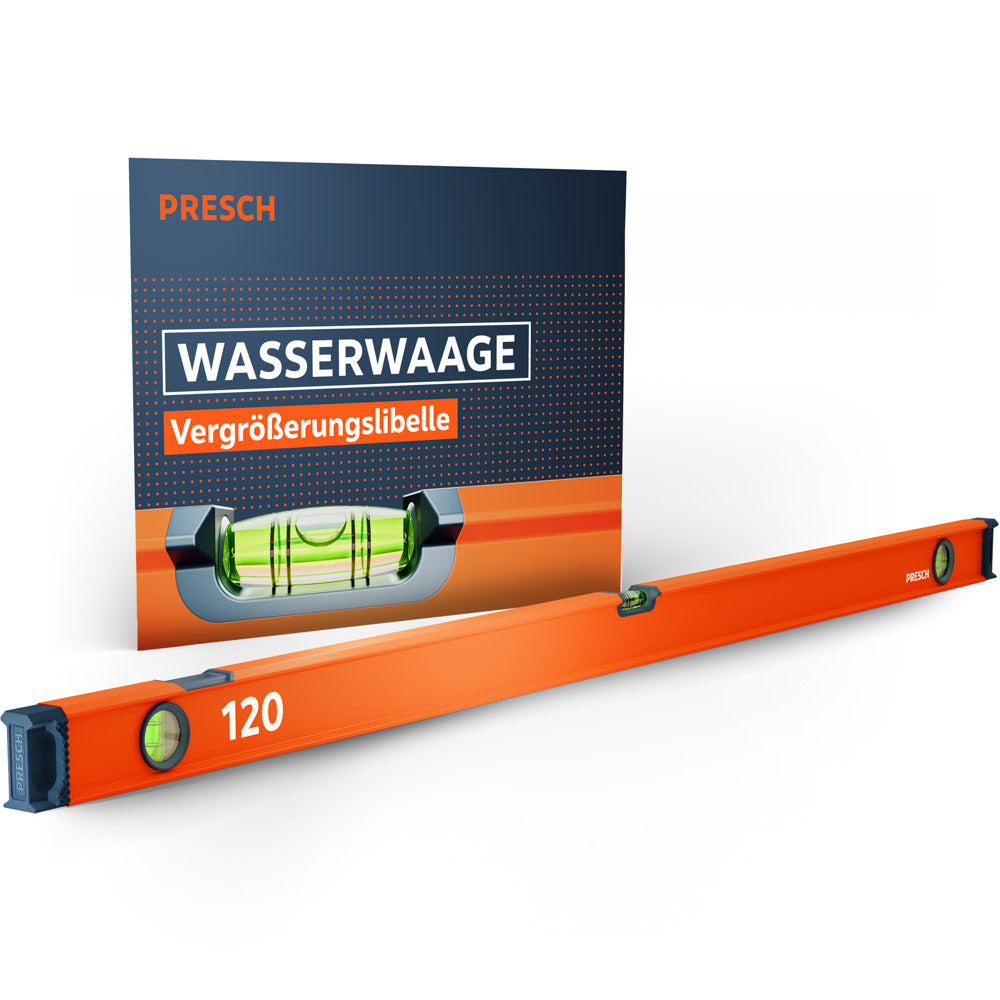 Die PRESCH 120cm Wasserwaage in markantem Orange mit drei Libellen und hochelastischen Endkappen, präsentiert vor der Produktverpackung, die die Vergrößerungslibelle besonders hervorhebt.