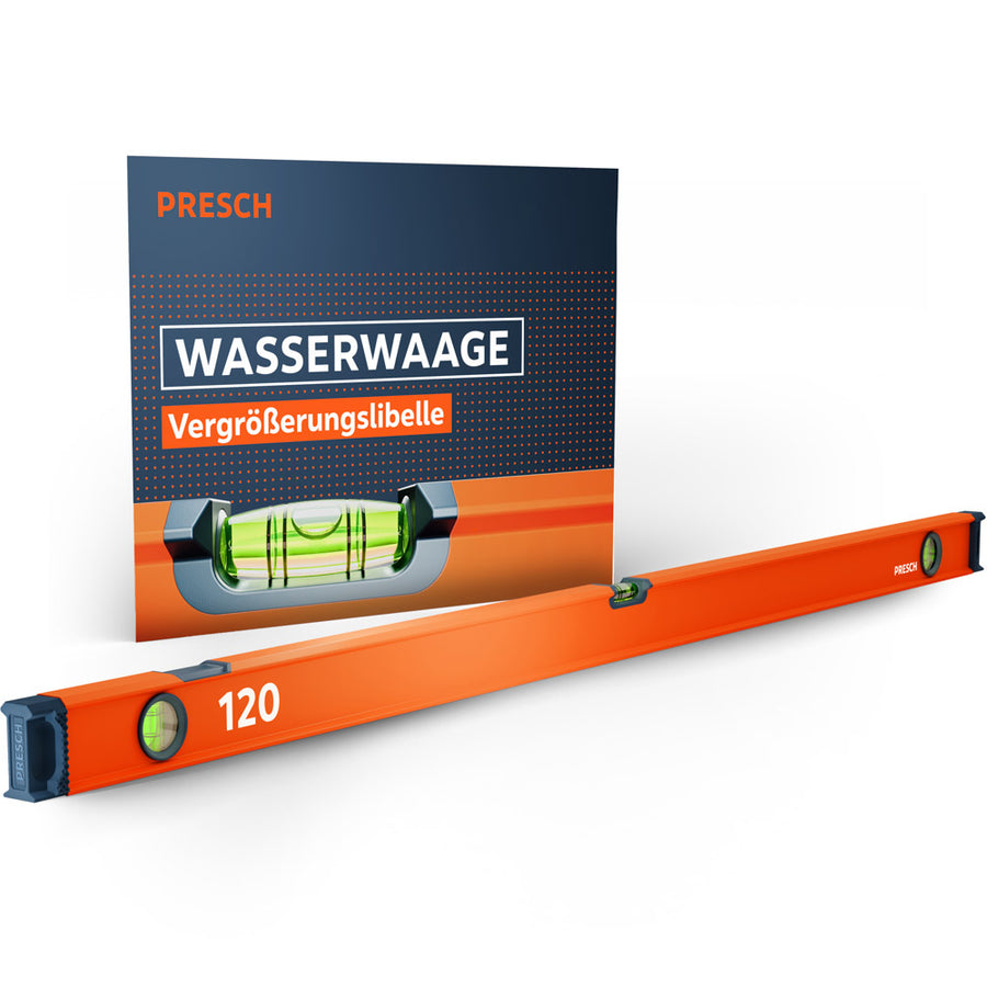 Die PRESCH 120cm Wasserwaage in markantem Orange mit drei Libellen und hochelastischen Endkappen, präsentiert vor der Produktverpackung, die die Vergrößerungslibelle besonders hervorhebt.