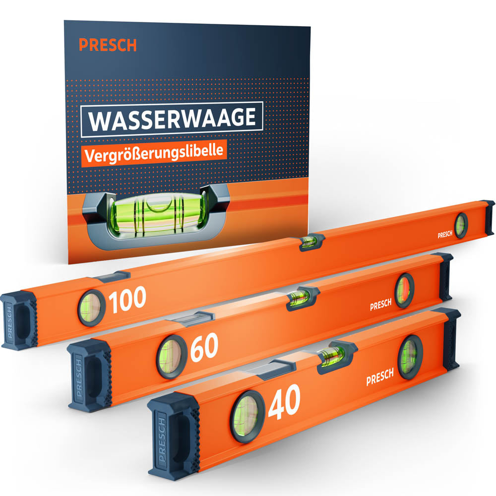 Das PRESCH Wasserwaagen 3er-Set bestehend aus den Längen 40cm, 60cm und 100cm in markantem Orange, präsentiert mit der Produktverpackung, die die Vergrößerungslibelle besonders hervorhebt.