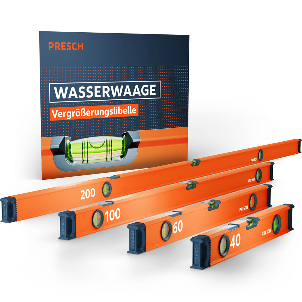 Das PRESCH Wasserwaagen 4er-Set bestehend aus den Längen 40cm, 60cm, 100cm und 200cm in markantem Orange, präsentiert mit der Produktverpackung, die die Vergrößerungslibelle besonders hervorhebt.