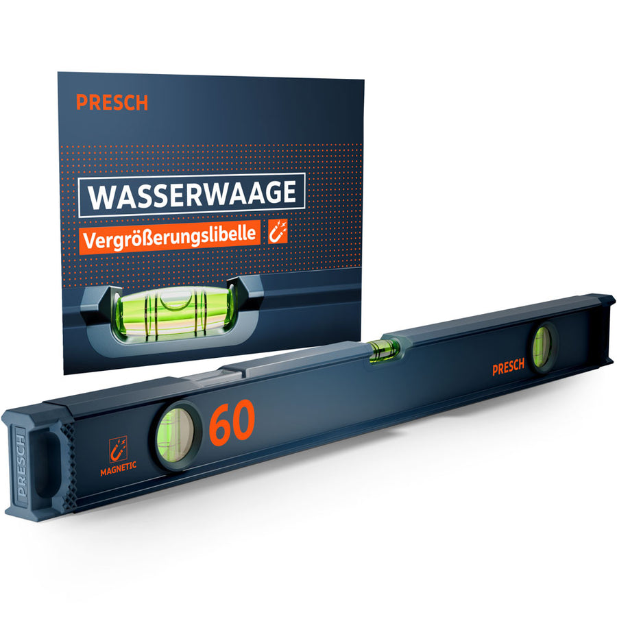 Die magnetische PRESCH 60cm Wasserwaage in Dunkelblau mit drei Libellen und markanten orangefarbenen Akzenten, präsentiert vor der Produktverpackung, die die integrierte Vergrößerungslibelle und Magnetfunktion hervorhebt.