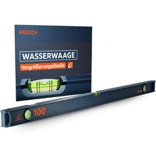Die magnetische PRESCH 100cm Wasserwaage in Dunkelblau mit drei Libellen und markanten orangefarbenen Akzenten, präsentiert vor der Produktverpackung, die die integrierte Vergrößerungslibelle und Magnetfunktion hervorhebt.