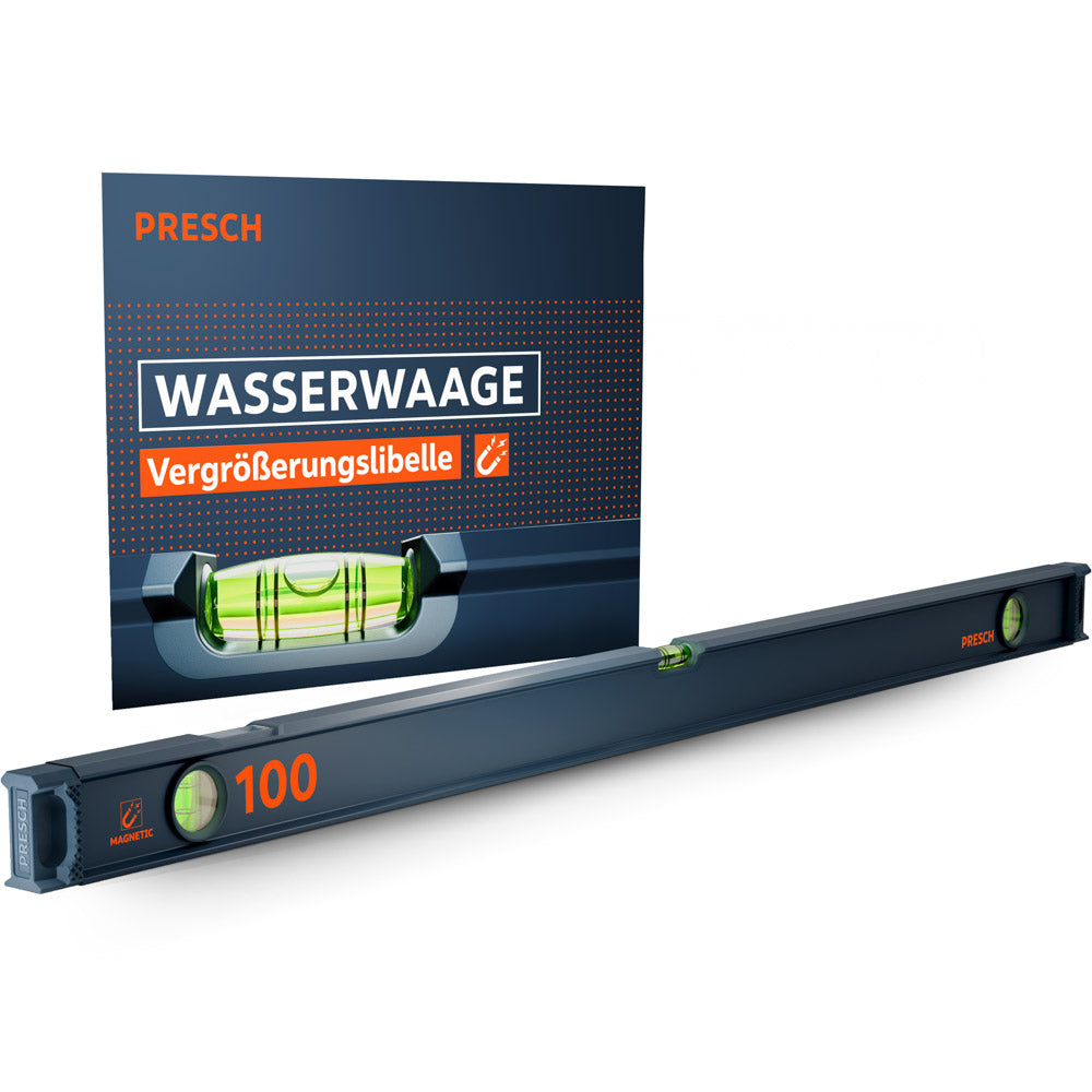 Die magnetische PRESCH 100cm Wasserwaage in Dunkelblau mit drei Libellen und markanten orangefarbenen Akzenten, präsentiert vor der Produktverpackung, die die integrierte Vergrößerungslibelle und Magnetfunktion hervorhebt.