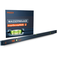 Die magnetische PRESCH 150cm Wasserwaage in Dunkelblau mit drei Libellen und markanten orangefarbenen Akzenten, präsentiert vor der Produktverpackung, die die integrierte Vergrößerungslibelle und Magnetfunktion hervorhebt.