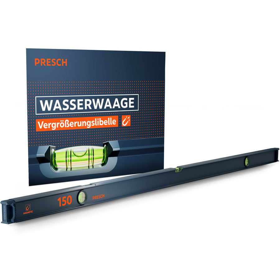 Die magnetische PRESCH 150cm Wasserwaage in Dunkelblau mit drei Libellen und markanten orangefarbenen Akzenten, präsentiert vor der Produktverpackung, die die integrierte Vergrößerungslibelle und Magnetfunktion hervorhebt.