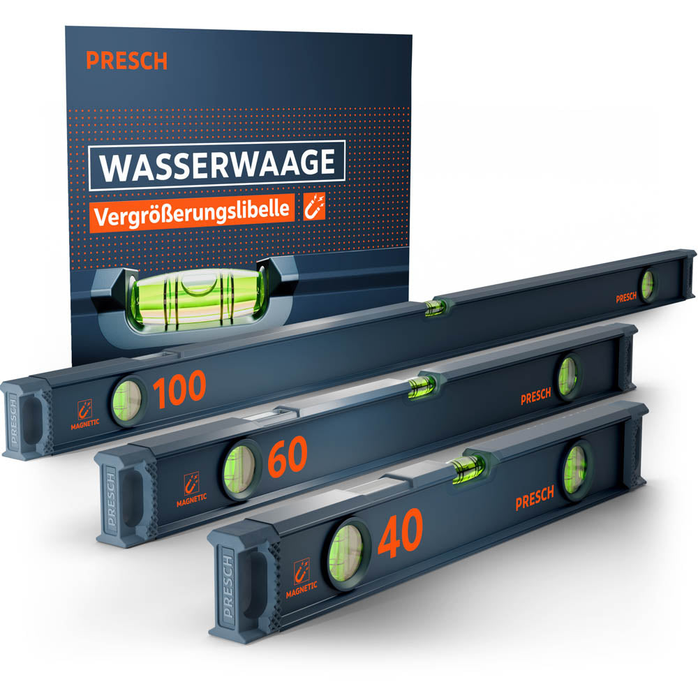 Das magnetische PRESCH Wasserwaagen 3er-Set in Dunkelblau, bestehend aus den Längen 40cm, 60cm und 100cm, präsentiert vor der Produktverpackung, die die Magnetfunktion und die Vergrößerungslibelle hervorhebt.
