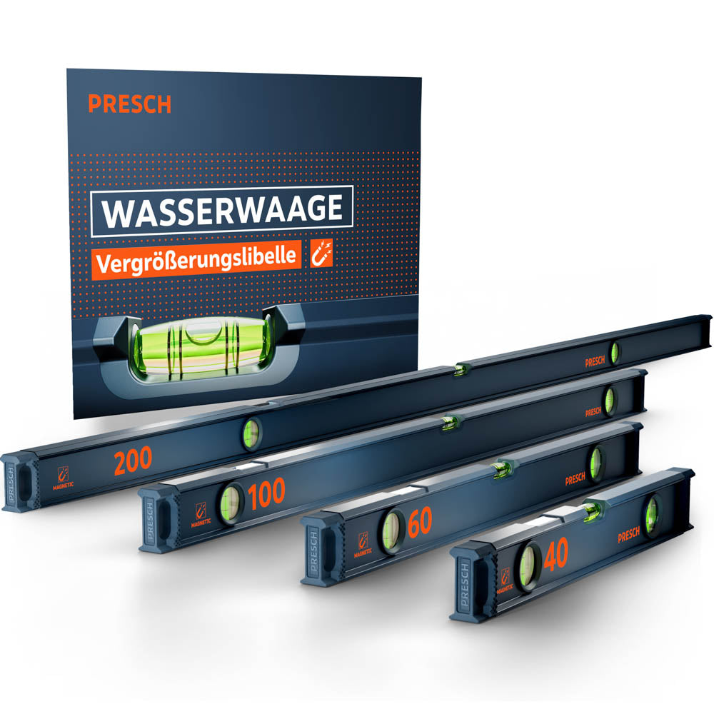 Das magnetische PRESCH Wasserwaagen 4er-Set in Dunkelblau, bestehend aus den Längen 40cm, 60cm 100cm und 200cm präsentiert vor der Produktverpackung, die die Magnetfunktion und die Vergrößerungslibelle hervorhebt.