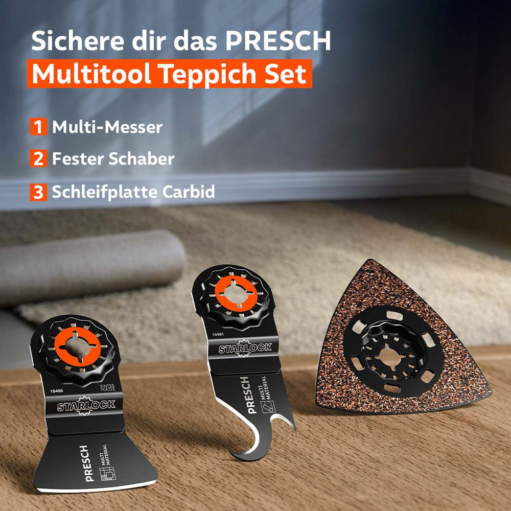 Übersicht zeigt Multi-Messer, festen Schaber und Schleifplatte Carbid des Teppich Sets