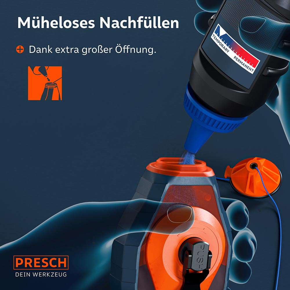 Schnelles und sauberes Befüllen des Schlagschnurgeräts: Die extra große Öffnung der Dosierflasche ermöglicht ein verlustfreies Nachfüllen der Kreide.
