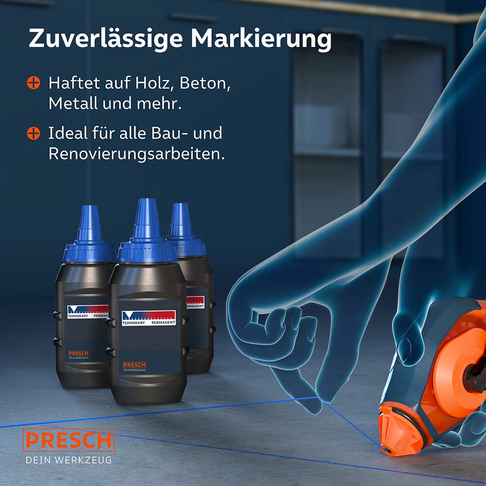 Vielseitige Anwendung auf der Baustelle: Das blaue Kreidepulver haftet zuverlässig auf Untergründen wie Holz, Beton und Metall.