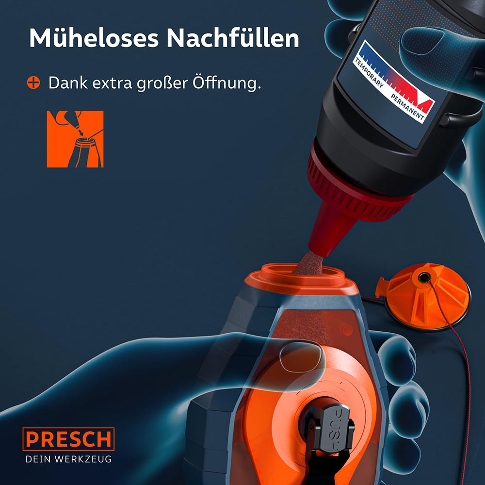 Schnelles Befüllen des Schlagschnurgeräts: Dank der extra großen Öffnung der Dosierflasche lässt sich das Farbpulver sauber und ohne Verluste nachfüllen.