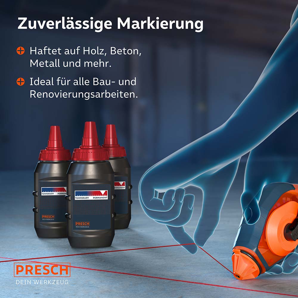 Vielseitiger Einsatz: Das rote Markierungspulver bietet eine exzellente Haftung auf verschiedenen Untergrundmaterialien wie Holz, Beton und Metall.