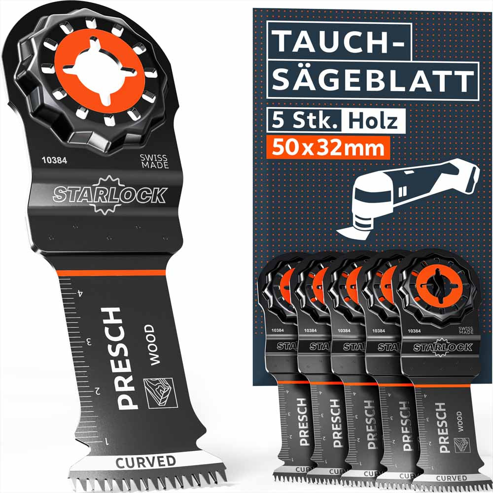 PRESCH Multitool Tauchsägeblatt für Holz (50x32mm) mit Starlock-Aufnahme im 5er Set. Hochwertige Sägeblätter; Curved-Tec Schneidkante und integrierte Skala, „Swiss Made“.