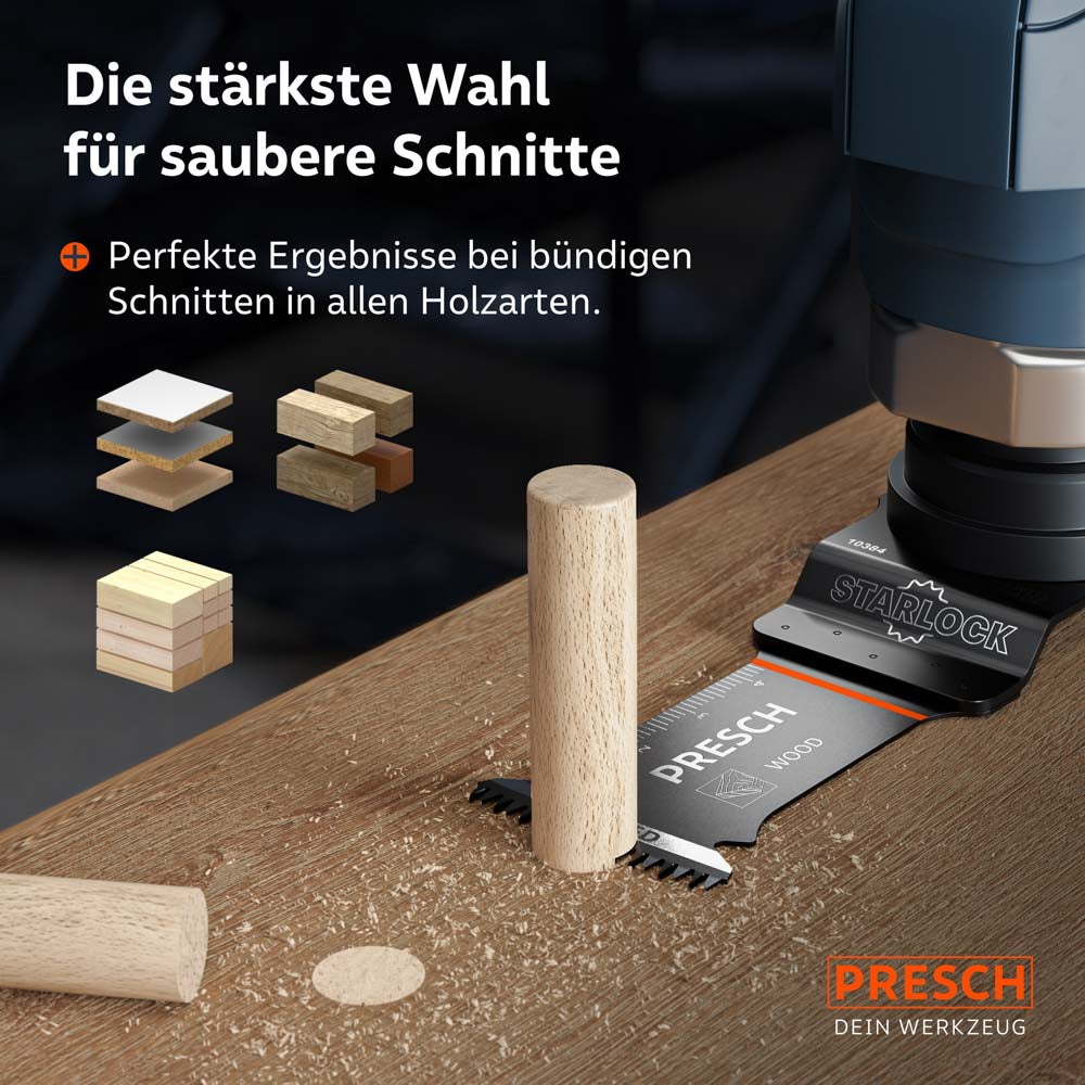Anwendungsbeispiel: Das Tauchsägeblatt beim bündigen Absägen eines Holz dübels; geeignet für beschichtete Platten, Hartholz und Weichholz ohne Ausrisse.