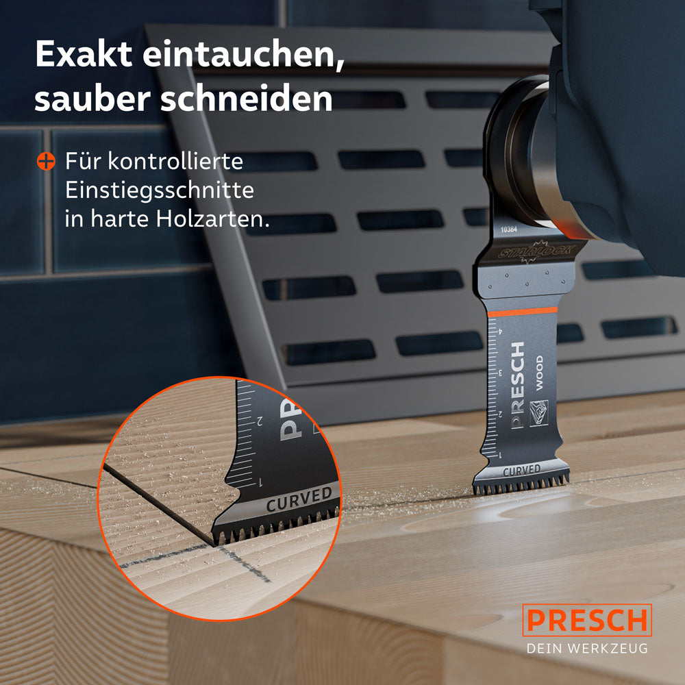 Kontrolle bei Einstiegsschnitten: Die abgerundete Curved-Tec Schneidkante ermöglicht kontrollierte und punktgenaue Tauchschnitte selbst in harte Holzarten.