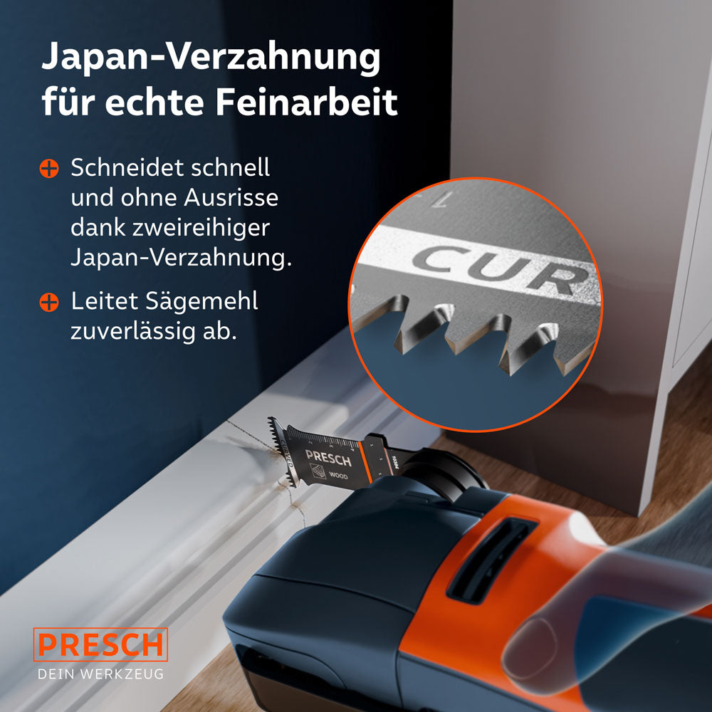 Detailansicht der zweireihigen Japan-Verzahnung: Die spezielle Zahnform sorgt für schnellen Bohrfortschritt, echte Feinarbeit und zuverlässigen Abtransport von Sägemehl.