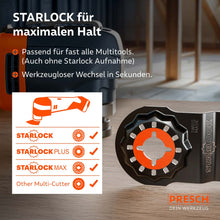 Vue détaillée de la prise Starlock : compatible avec presque tous les multitools des systèmes Starlock, Starlock Plus et Starlock Max ainsi que d’autres multi‑cutter ; permet un changement sans outil en quelques secondes.