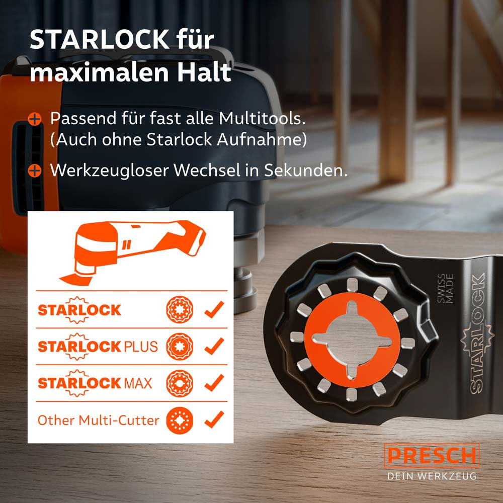 Detailansicht der Starlock-Aufnahme: Passend für fast alle Multitools der Systeme Starlock, Starlock Plus und Starlock Max sowie andere Multi-Cutter; ermöglicht werkzeuglosen Wechsel in Sekunden.