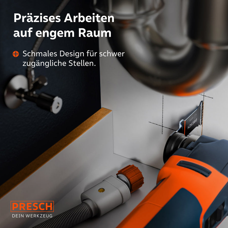 Champ d'application étroit : Le design élancé de la lame de scie de 32 mm de largeur permet des découpes précises dans des zones difficilement accessibles, par exemple sous un siphon dans le meuble sous évier.