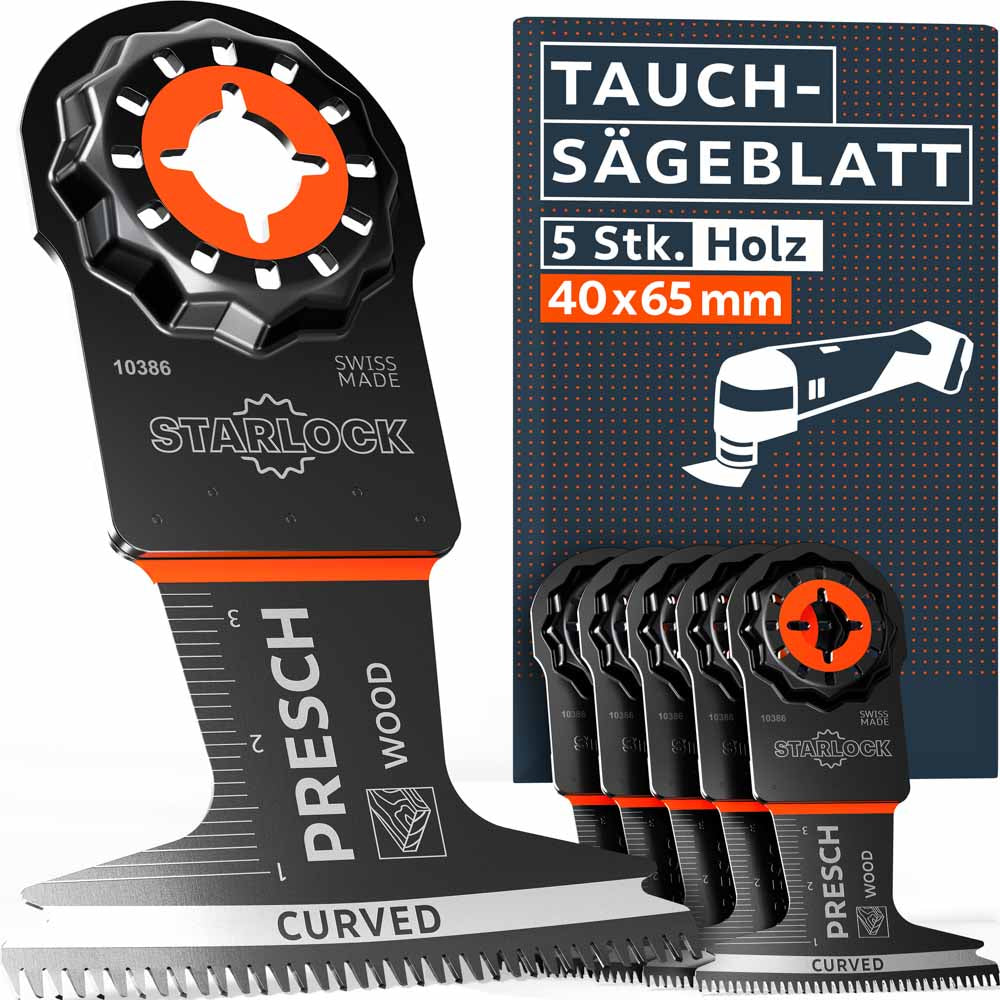 PRESCH Multitool Tauchsägeblatt im 5er Set für Holz (40x65mm) mit Starlock-Aufnahme. Profi-Sägeblätter mit Curved-Tec Schneidkante, integrierter Skala und „Swiss Made“ Präzision.